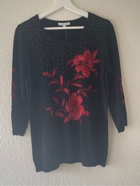 Emily Daniels Black Top with Red Floral design, Large